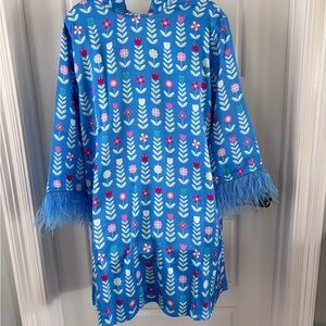 Heart of Grace Luxe Blue Feather  Caftan Mini Dress Size XXL. More like a XL NWT